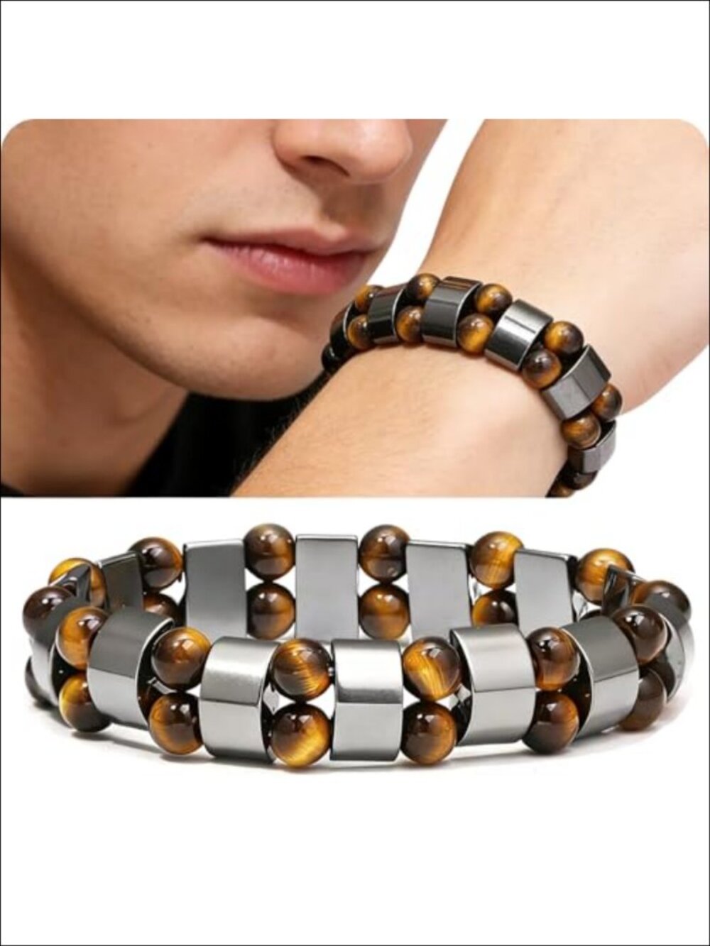 Tiger Eye Hematite Bracelet Men Women Stretch Fit Natural Stone Gift